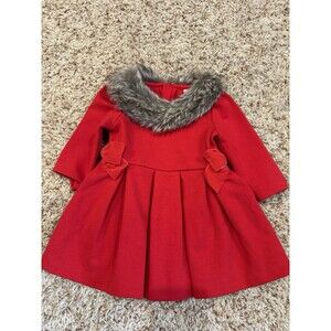 Janie & Jack baby girl Holiday Christmas Dress Red Fur Collar  - Size 3-6 months
